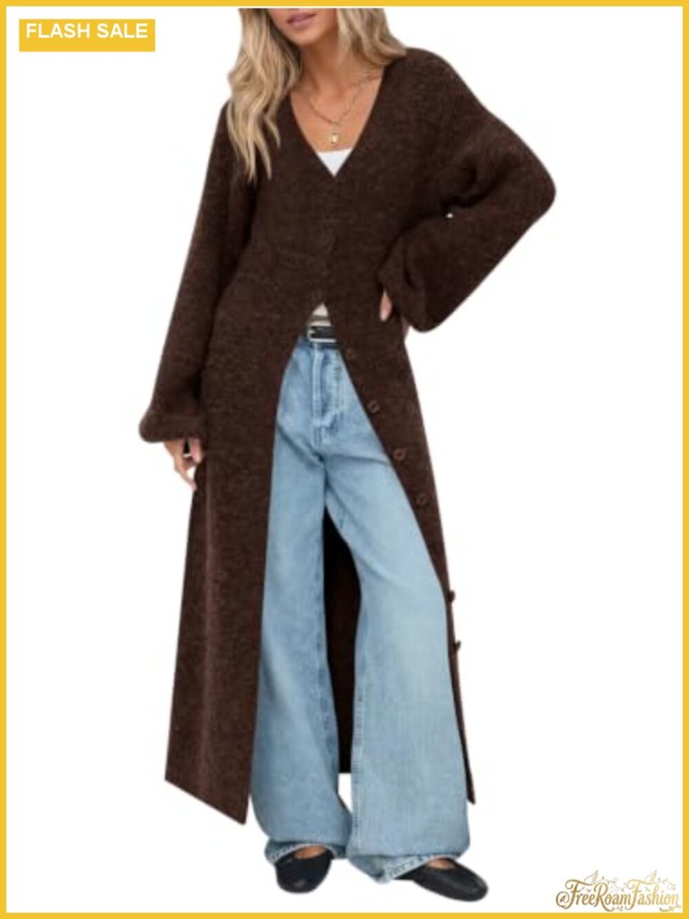 Oversized Button Up Long Cardigan V Neck Lantern Sleeve Sweater Coat